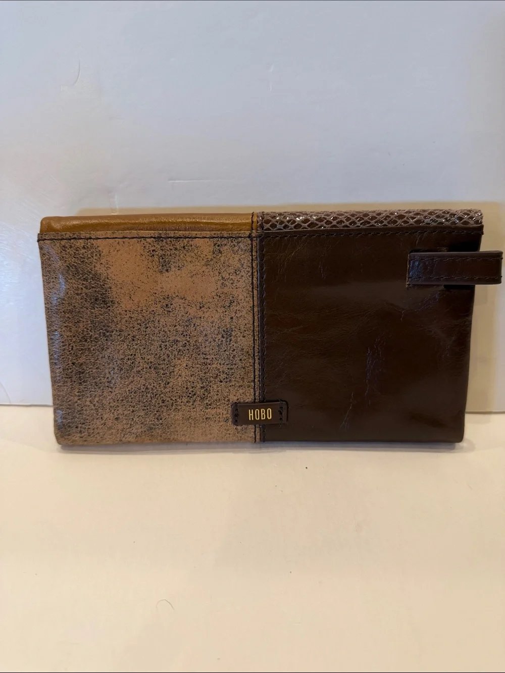 HOBO Brown Leather and Snakeskin-Textured Fold Clutch